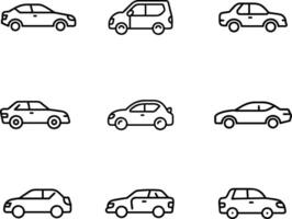 Car icons set. The car from different sides. Side view, back, front, bottom, inside. linear icon collection. Line with editable stroke vector