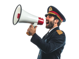 pilot man shouting through a megaphone isolated on transparent background png