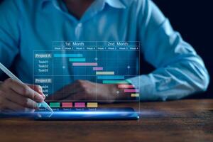 Project manager working on tablet and updating tasks and milestones progress planning with Gantt chart scheduling interface for company on virtual screen. Business Project Management System. photo
