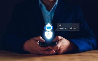 Chatbot concept. open AI, Artificial Intelligence. businessman using technology smart robot AI, enter command prompt, contact for business information analysis, Futuristic technology transformation. photo