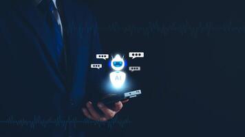 Chatbot concept. open AI, Artificial Intelligence. businessman using technology smart robot AI, enter command prompt, contact for business information analysis, Futuristic technology transformation. photo