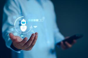 Chatbot concept. open AI, Artificial Intelligence. businessman using technology smart robot AI, enter command prompt, contact for business information analysis, Futuristic technology transformation. photo
