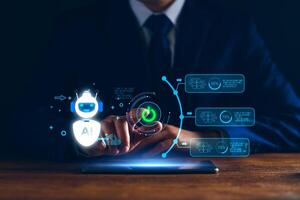 Chatbot concept. open AI, Artificial Intelligence. businessman using technology smart robot AI, enter command prompt, contact for business information analysis, Futuristic technology transformation. photo