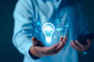 Businessman using cloud technology connect business data. Cloud computing concept idea show on hand. Internet Cloud technology. Digital Data storage. Network and internet service for business concept. photo