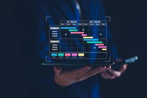 Project manager working on tablet and updating tasks and milestones progress planning with Gantt chart scheduling interface for company on virtual screen. Business Project Management System. photo