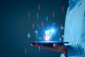 Network security system. Personal Data information on Tablet. Information and cyber security Technology Services. Internet Technology. Digital data protection. Cyber Padlock security application. photo