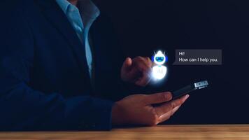 Chatbot concept. open AI, Artificial Intelligence. businessman using technology smart robot AI, enter command prompt, contact for business information analysis, Futuristic technology transformation. photo