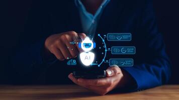 Chatbot concept. open AI, Artificial Intelligence. businessman using technology smart robot AI, enter command prompt, contact for business information analysis, Futuristic technology transformation. photo