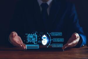 Chatbot concept. open AI, Artificial Intelligence. businessman using technology smart robot AI, enter command prompt, contact for business information analysis, Futuristic technology transformation. photo