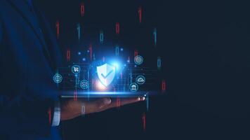 Network security system. Personal Data information on Tablet. Information and cyber security Technology Services. Internet Technology. Digital data protection. Cyber Padlock security application. photo
