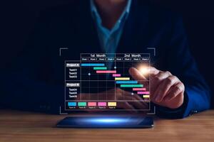 Project manager working on tablet and updating tasks and milestones progress planning with Gantt chart scheduling interface for company on virtual screen. Business Project Management System. photo