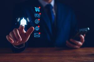 Application notification alert concept. Business people using smartphone with virtual bell ringing, New email, digital marketing, electronic message alert, online shopping connect via internet network photo