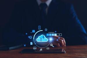 Data download from cloud computing concept. Man using smartphone and computer to download, upload business information, media files. Cloud computing technology, intelligent storage on Internet photo