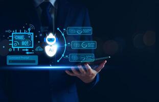 Chatbot concept. open AI, Artificial Intelligence. businessman using technology smart robot AI, enter command prompt, contact for business information analysis, Futuristic technology transformation. photo