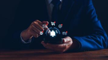 Application notification alert concept. Business people using smartphone with virtual bell ringing, New email, digital marketing, electronic message alert, online shopping connect via internet network photo