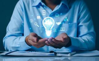 Businessman using cloud technology connect business data. Cloud computing concept idea show on hand. Internet Cloud technology. Digital Data storage. Network and internet service for business concept. photo