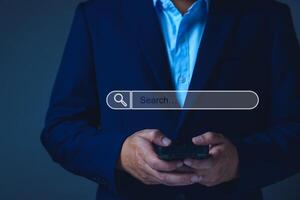 Data Search Technology Search Engine Optimization. Business people are searching for information in digital databases, search jobs, apply online jobs, manage big data bases, business information. photo