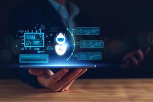 Chatbot concept. open AI, Artificial Intelligence. businessman using technology smart robot AI, enter command prompt, contact for business information analysis, Futuristic technology transformation. photo