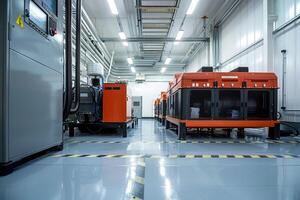 industrial generator room with two bright orange diesel generators in a modern factory setting. Concept power generation, energy backup systems, and advanced industrial infrastructure photo