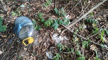 Plastic water bottle thrown out in the forest in nature. Garbage in nature, reusable products. Environmental pollution. Garbage thrown out in the forest. Waste in nature. photo