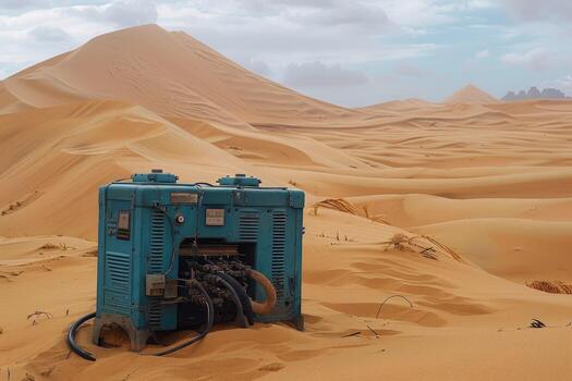 A diesel generator partially buried in the sand, set against a vast desert landscape with rolling dunes. Ideal for illustrating concepts of energy challenges in remote or harsh environments photo