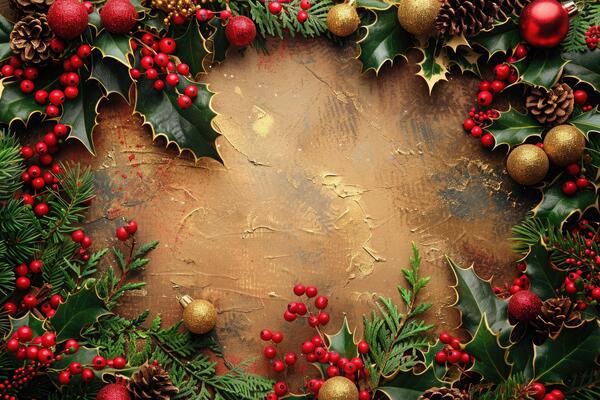 Christmas festive frame in red, green and gold colors with leaves, fir branches, berries. Textured background with copy space for congratulations on winter holidays, advertising, promotion.