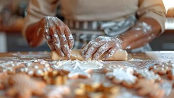 Close up of elderly African American woman's hands baking gingerbread cookies for Christmas on the counter. Lots of flour, dough and gingerbread cookie cutters on the table. Christmas winter baking. photo