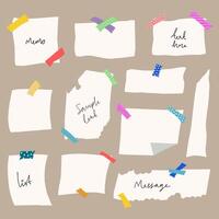 Hand drawn memo paper sheets for daily planner, diary, reminder, sticky note, to do list. Piece of paper, torn paper with masking tape. vector