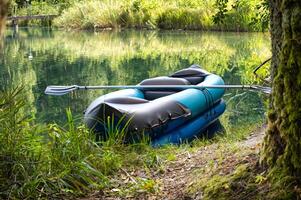 Serene lake setting with inflatable raft and paddle nestled in lush greenery under a tree photo