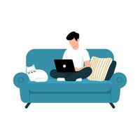 Man Working on Laptop with Cat on Couch vector