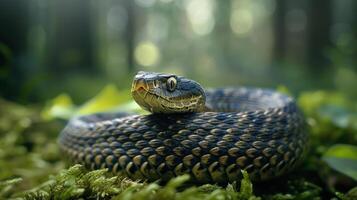 A close-up of a snake with a diamond pattern, wrapped around rocks and surrounded by moss, ferns, photo