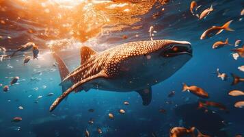 Large whale shark swimming through an abundance of fish, with sunlight filtering through the water. photo