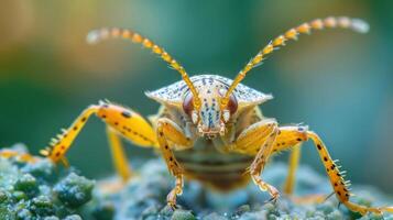 A close-up photo of an insect with brightly colored wings and antennae, resting on a leafy plant.
