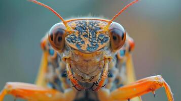 A close-up photo of a grasshopper with its eyes open and antennae raised, facing the camera.