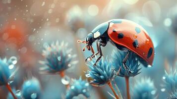 a colorful and vibrant image of a ladybug perched atop some flowers, photo