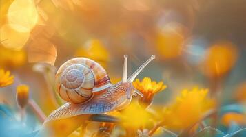A vibrant close-up of a snail exploring a field filled with yellow flowers. photo