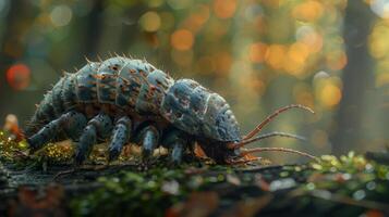 An enchanting image of an intricately designed caterpillar crawling amidst the verdant forest, photo