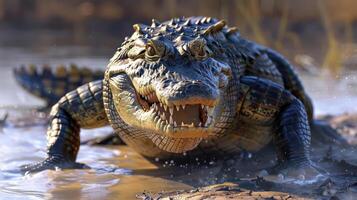 A close-up photograph of a crocodile in the water, holding a small fish on its mouth. photo