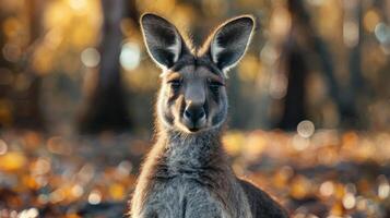 A kangaroo is sitting down and looking upward, seemingly puzzled. photo