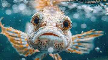 A close-up photo of a grouper under water, captured from above.