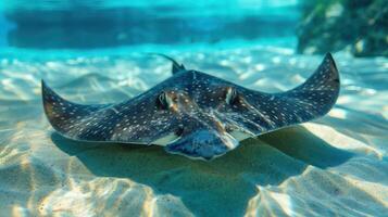 A colorful underwater scene featuring a sea cucumber, stingrays, and possibly a pufferfish. photo