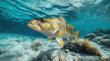 A beautifully captured underwater image of a fish with its eyes wide open, photo