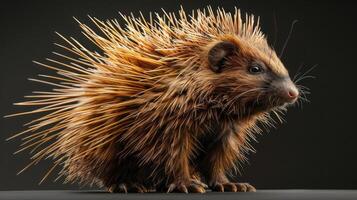 A single porcupine with its back facing the camera, showing a close-up of the spines on its back. photo