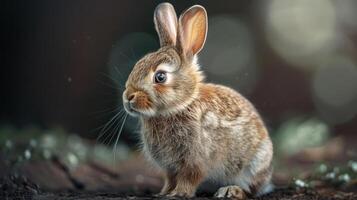 A small, fluffy rabbit with large ears and twinkling eyes, standing in a forest setting. photo