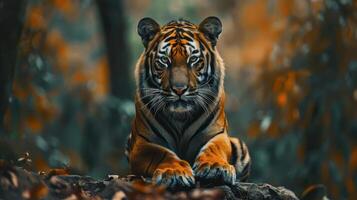 An adorable tiger with striking eyes sits atop a rock, surrounded by the tranquility of nature. photo