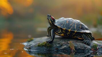 a beautiful scene of an autumn turtle perched on a rock by the water's edge. photo