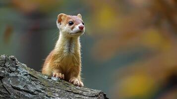 Cute brown squirrel perched on tree branch, looking ahead. photo