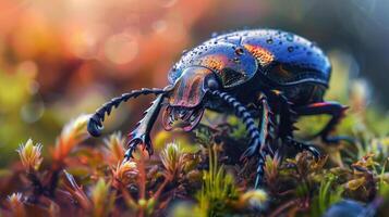 A vibrant bug with colorful wings is resting on a mossy, green surface. photo