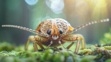 A close-up image of a cockroach standing on green moss in nature. photo