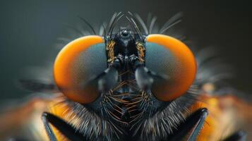 Magnified close-up of a large dragonfly with iridescent coloration and a large eye. photo